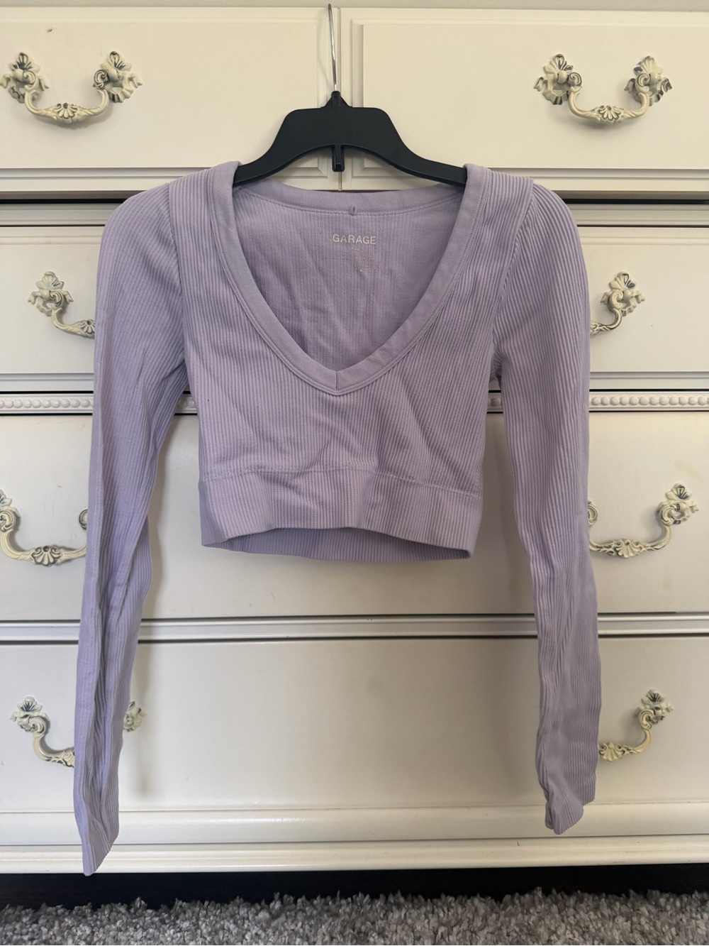 GARAGE Lavender Purple Ribbed V-Neck Long Sleeve Crop Top